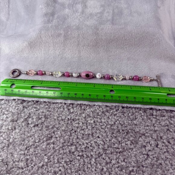 Vintage Glass Bead Bracelet With Toggle Closure & Pink White Silver Accents - Picture 10 of 16